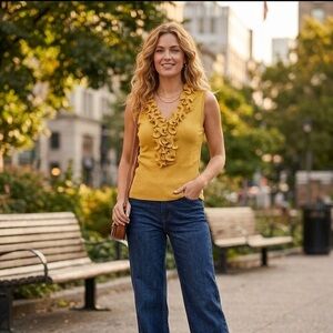 VILA Mustard Yellow Ruffled Sleeveless Knit Sweater